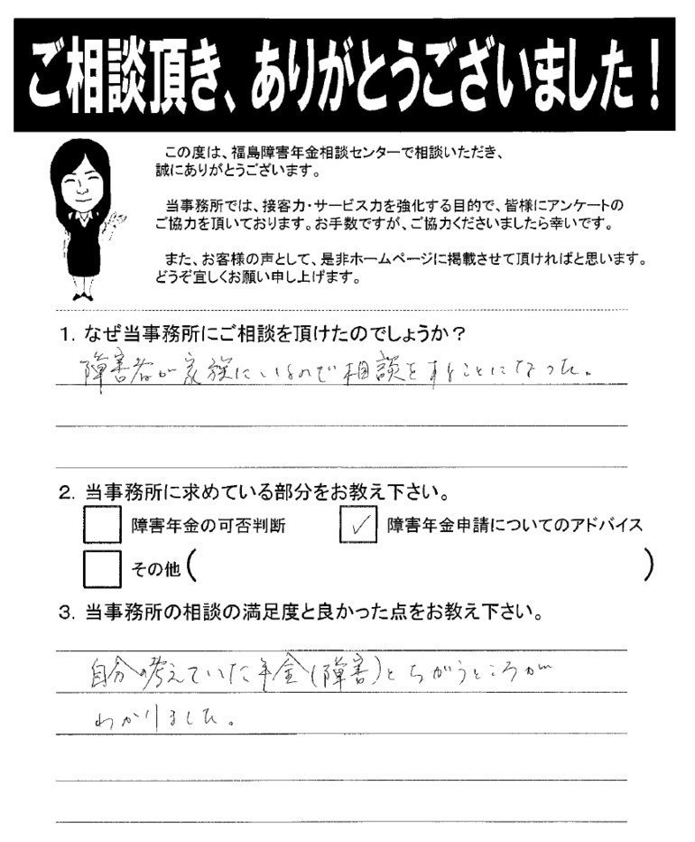 【2019年3月20日】自分の考えていた年金（障害）と違うところがわかりました。（女性・いわき市）