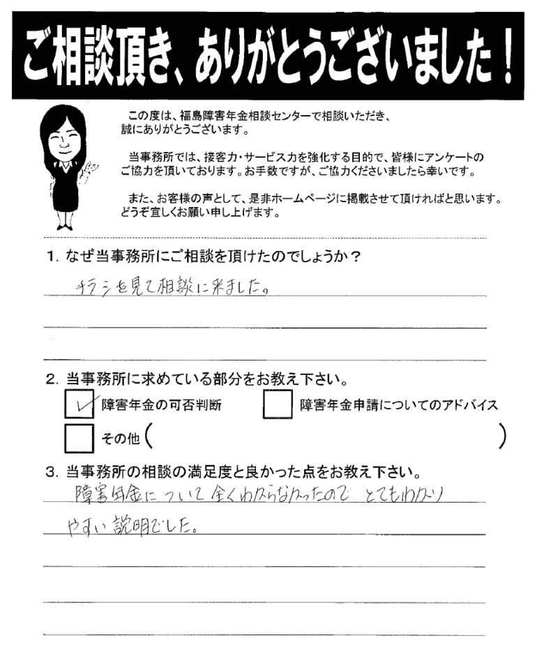 【2019年4月16日】障害年金について全くわからなかったので、とてもわかりやすい説明でした。（女性・会津若松市）