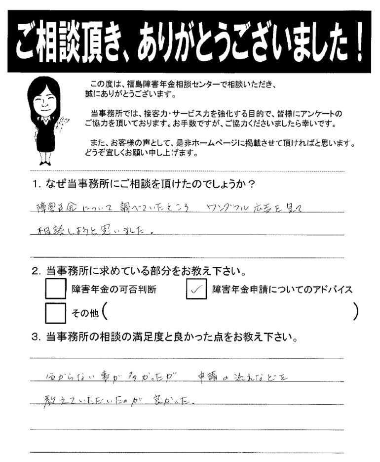 【2019年6月14日】申請の流れなどを教えていただいたのが良かったです。（女性・西白河郡）